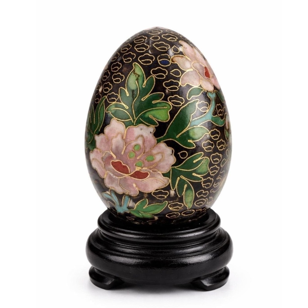 Chinese‎ Cloisonné Egg Floral Enamel w/ Stand 3.25" Vintage 2 Pc.